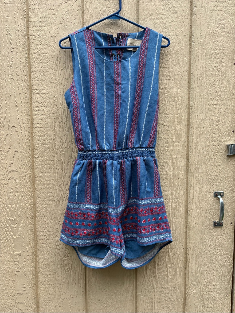 Moon River Blue Striped Romper with Red Accents - fits Medium/Large
